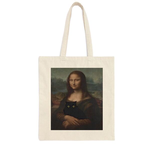 Mona Lisa Black Cat Canvas Tote - Picture 1 of 7